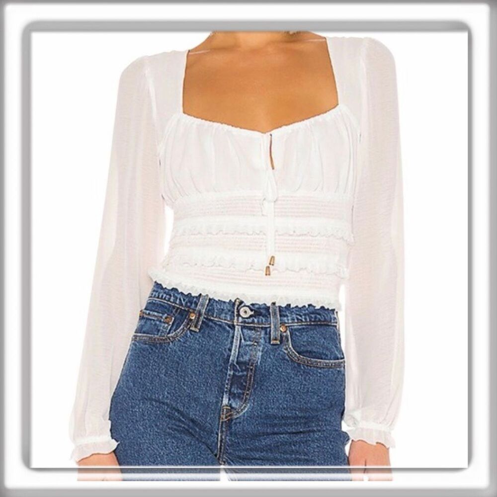 Free People White Sheer Long-Sleeve Smocked Peasant Top